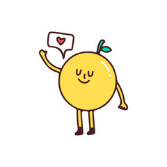 Lemon character showing love symbol, illustration for t-shirt, sticker, or apparel merchandise. With doodle, retro, and cartoon style.