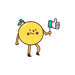 Cute lemon character holding like button, illustration for t-shirt, sticker, or apparel merchandise. With doodle, retro, and cartoon style.