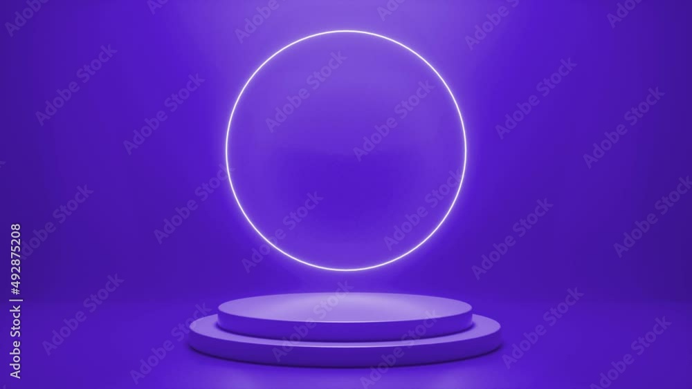 Poster purple podium with a bright glowing blinking neon circle. futuristic showcase with platform for prod