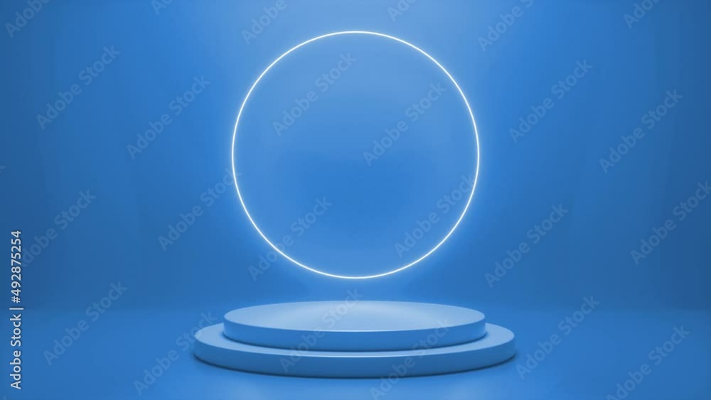 Poster blue podium with a bright glowing blinking neon circle. futuristic showcase with platform for produc