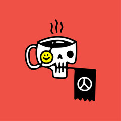 Skull mug coffee and flag with peace symbol, illustration for t-shirt, sticker, or apparel merchandise. With doodle, retro, and cartoon style.