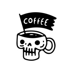 Skull cup and flag with coffee typography, illustration for t-shirt, sticker, or apparel merchandise. With doodle, retro, and cartoon style.