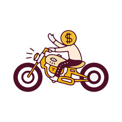 Fototapeta na wymiar Man with dollar coin head riding motorbike, illustration for t-shirt, street wear, sticker, or apparel merchandise. With doodle, retro, and cartoon style.