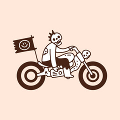 Fototapeta na wymiar Punk skull riding motorbike with smile face flag, illustration for t-shirt, street wear, sticker, or apparel merchandise. With doodle, retro, and cartoon style.