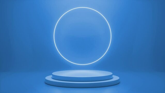 Blue podium with a bright glowing blinking neon circle. Futuristic showcase with platform for product displaying. Empty stage with electric light. Geometric shapes composition. 3d animation loop 4K