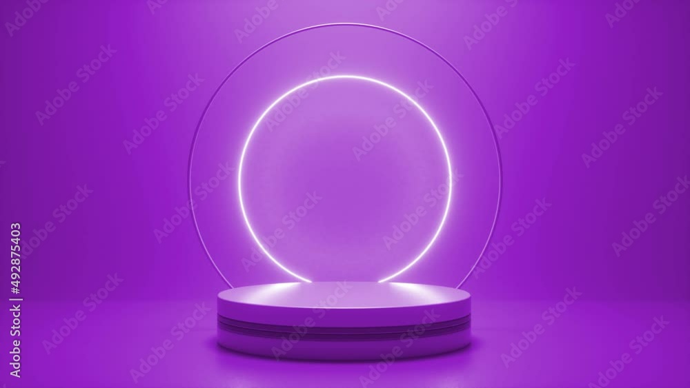 Poster purple podium with a bright glowing blinking neon circle. futuristic showcase with platform for prod