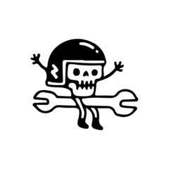 Rider skull sitting on wrench, illustration for t-shirt, poster, sticker, or apparel merchandise. With retro cartoon style