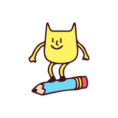 Cool cat skating with pencil mascot character, illustration for t-shirt, poster, sticker, or apparel merchandise. With retro cartoon style