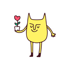 Trendy cat holding heart flower, illustration for t-shirt, poster, sticker, or apparel merchandise. With retro cartoon style