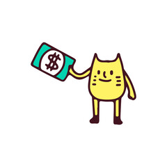 Cool cat holding dollar money, illustration for t-shirt, poster, sticker, or apparel merchandise. With retro cartoon style