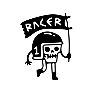 Rider skull wearing helmet and holding flag with racer typography, illustration for t-shirt, poster, sticker, or apparel merchandise. With retro cartoon style