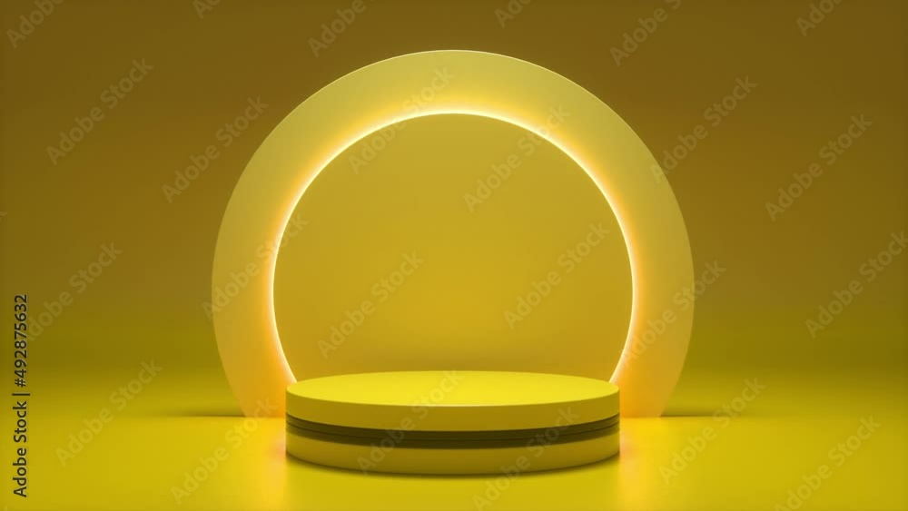 Poster yellow podium with a bright glowing blinking neon circle. futuristic showcase with platform for prod