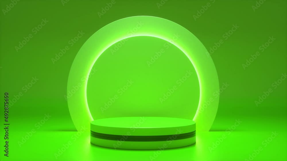 Poster green podium with a bright glowing blinking neon circle. futuristic showcase with platform for produ