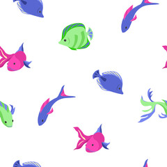 Vector seamless pattern with neon fishes, isolated, white background
