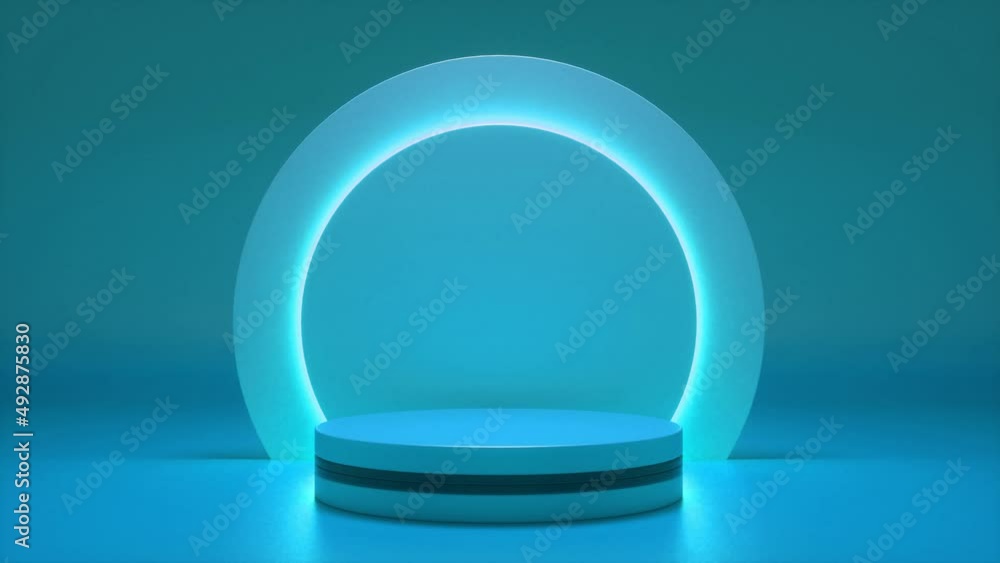 Poster blue podium with a bright glowing blinking neon circle. futuristic showcase with platform for produc