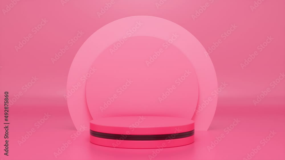 Poster pink podium with a bright glowing blinking neon circle. futuristic showcase with platform for produc