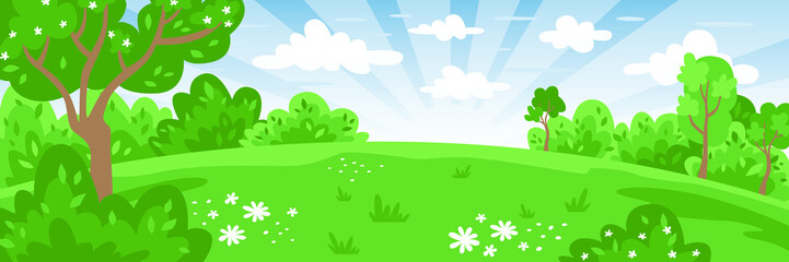 Landscape cartoon background. Vector illustration. Green nature. Spring or summer landscape for kids