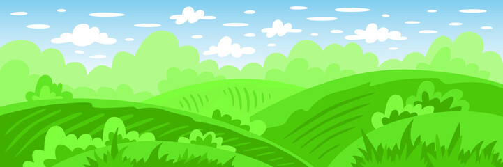 Obraz premium Landscape cartoon background. Vector illustration. Green nature. Spring or summer landscape for kids