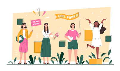 International womens day. Girls power and feminism and, girlfriends with flags and figures. Minimalist banner or poster. Graphic elements for site, greeting card. Cartoon flat vector illustration - obrazy, fototapety, plakaty