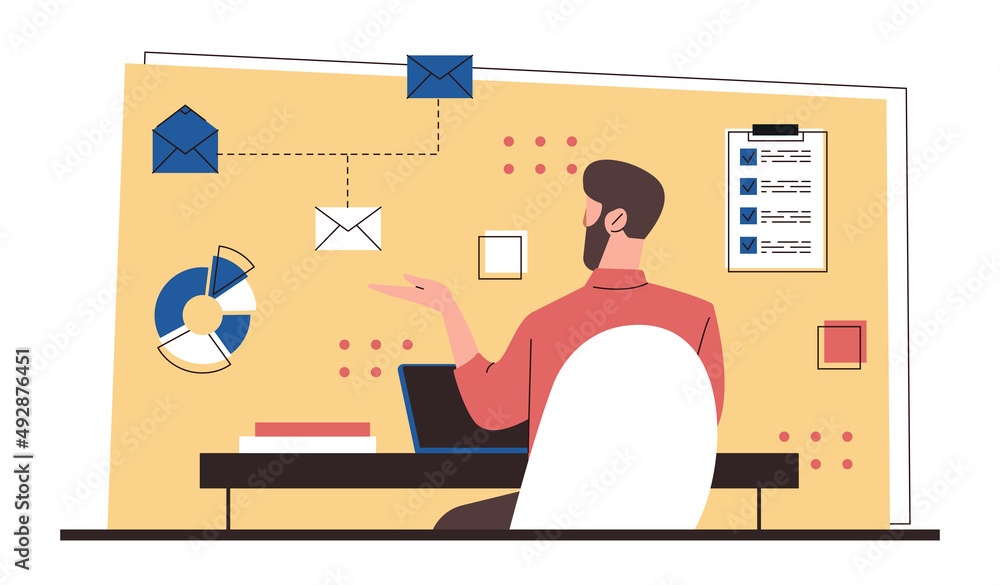 Aufkleber happy man work. hardworking employee, programmer at workplace. manager fills out report, freelancer 