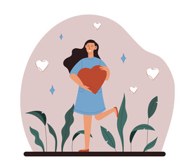 Female hugging heart. Metaphor of love and support. Character for greeting or invitation cards. Valentines day and romance. Self love, positivity and mental health. Cartoon flat vector illustration