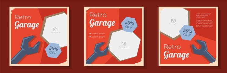 Retro style engineering social media post, banner set, mechanic garage business advertisement concept, handyman fixer marketing square ad, abstract print, isolated on background