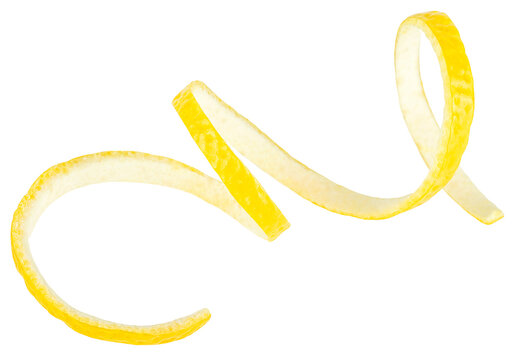 Twisted lemon peel isolated on a white background, clipping path. Ripe lemon skin, healthy food.