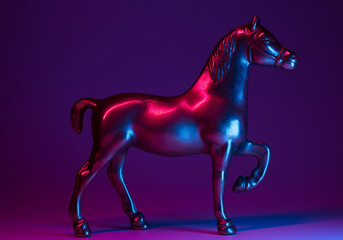 Horse figurine with neon blue and pink illumination background. Fraud, trick conceptual backdrop.