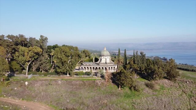 Sea of ​​Galilee in the holy land, Israel 2022. City of Jesus Christ Mount of the Beatitudes, sermon of the mountain
