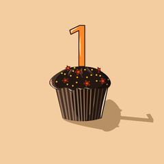 Isolated object on background, biscuit design trendy illustration of pie with cherry and chocolate icing for birthday hollidays.  Design of yummy for restaurants, banners, posters.