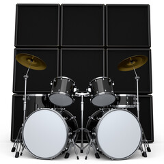Fototapeta na wymiar Set of realistic drums with metal cymbals or drumset and amplifier on white