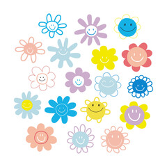 Set of funny flowers with smile. Childish trendy graphic. Vector hand drawn illustration.