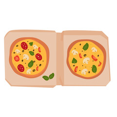 two delicious pizzas in a box, isolated on a white background.