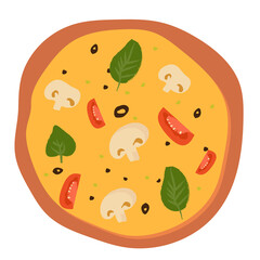 Pizza topped with tomato sauce, mozzarella cheese, tomatoes and basil. Vector illustration of hand drawn Margherita pizza.