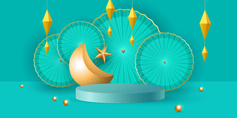 3d illustration of classic turquoise muslim islamic festival product display background with crescent moon and islamic decorations. Vector