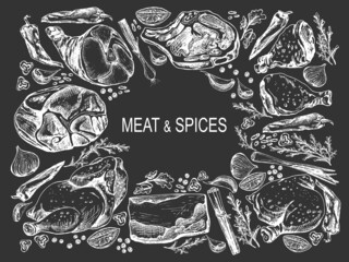 meat and spices, set of graphic images in the form of a frame, Black background meat of chicken, pork, beef, idea, tenderloin, neck, brisket, spice set, pepper, onion, garlic, peas, chopped pieces, ro