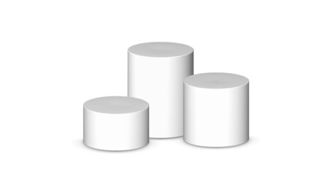 3d podium platform cylinders vector illustration. Realistic white pedestal stages for product presentation.