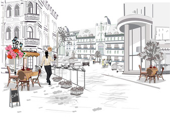 Series of the street cafes with fashion people, men and women, in the old city, vector illustration. Waiters serve the tables.  - 492879690