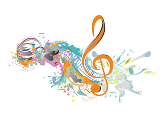 Abstract musical design with a colourful treble clef and musical waves, notes and splashes. Hand drawn vector illustration.
