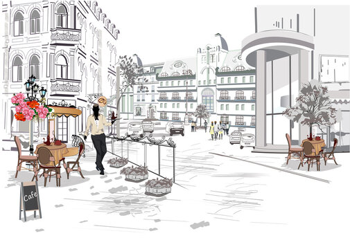 Series of the street cafes with fashion people, men and women, in the old city, vector illustration. Waiters serve the tables. 