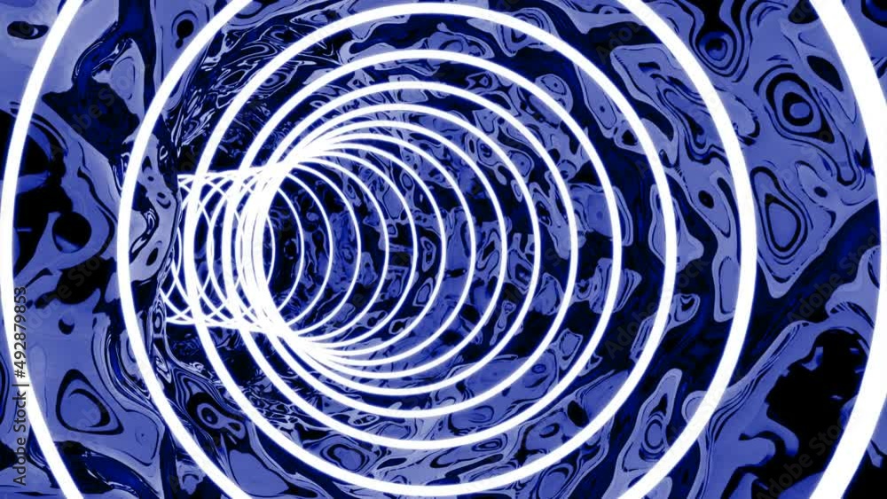 Poster Animation of sound tunnel effect. Design. Moving tunnel of white rings on distorted background. Animation showing echolocation or sound propagation