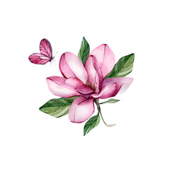 Hand Drawn Watercolor Pink Magnolia Flower Clipart. Watercolour Floral Magnoly Composition perfect for invitations, greeting cards. Pink Beautiful Flowers Illustration isolated on white background