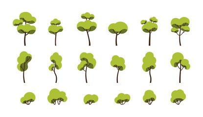 Set of trees. Collection of stickers for social networks, elements for animation or drawings. Nature and decoration of city park. Cartoon flat vector illustrations isolated on white background