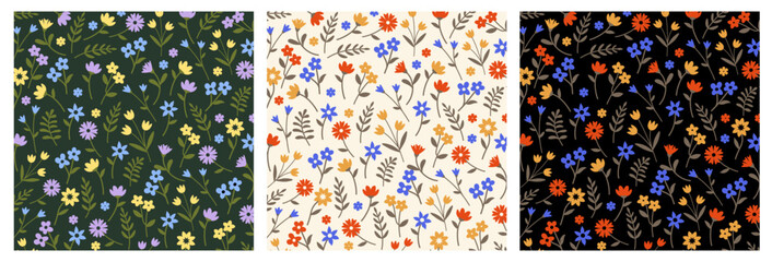 Flowers vintage seamless patterns. Set of floral backgrounds. Elegant designs for textile, prints, fabrics 
