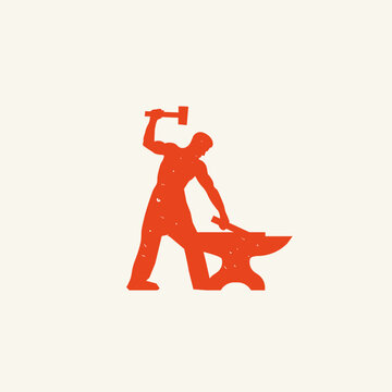 recommend clip art: Smithy logo. Red vintage Stylized blacksmith silhouette design with grunge texture. Man working with hammer and anvil. 