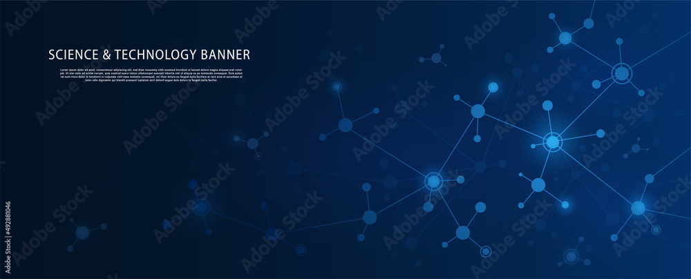 Poster science technology banner. modern technologies and innovations, digital world and data transmission.