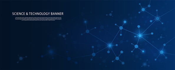 Science technology banner. Modern technologies and innovations, digital world and data transmission. Futuristic image, programming and coding. Banner for site. Cartoon flat vector illustration