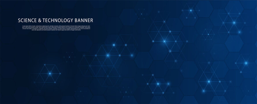 Science technology banner. Digital world and innovation, electronics and data transmission. Online archive and work with information. Wallpaper for phone or computer. Cartoon flat vector illustration