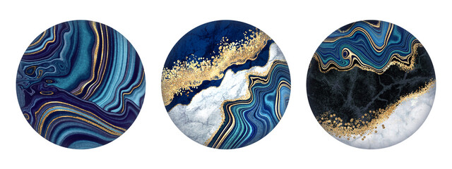 abstract round decor collection, black blue and white marble with golden veins, japanese kintsugi technique, fake painted artificial stone texture, digital marbling illustration - obrazy, fototapety, plakaty