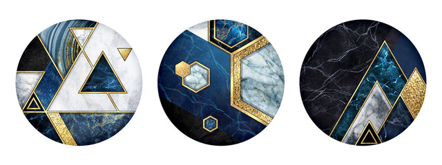 collection of abstract round designs with marble inlay, stickers with marbling textures, mosaic with golden decor, geometric clip art - obrazy, fototapety, plakaty